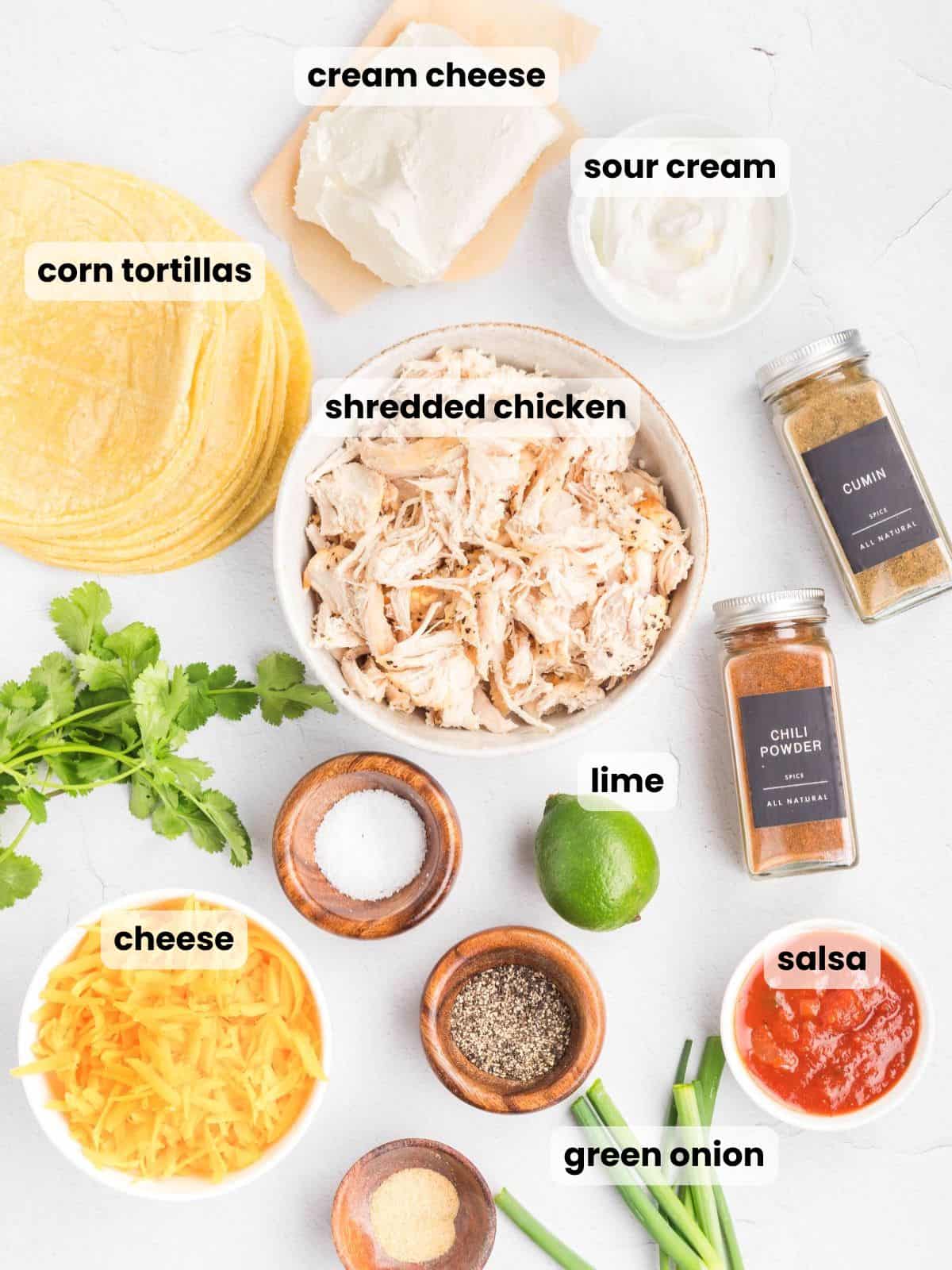 Ingredients needed to make this homemade chicken taquitos recipe.