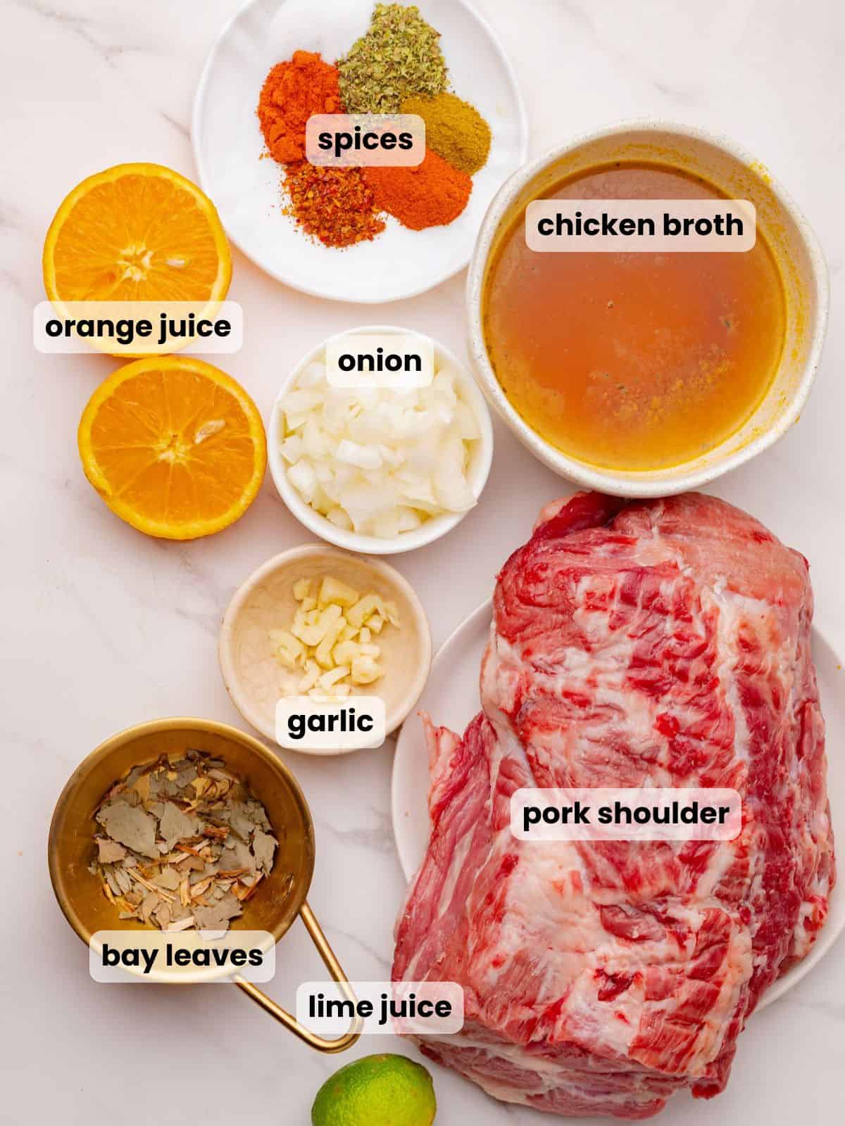 Ingredients needed to make this Dutch oven carnitas recipe.
