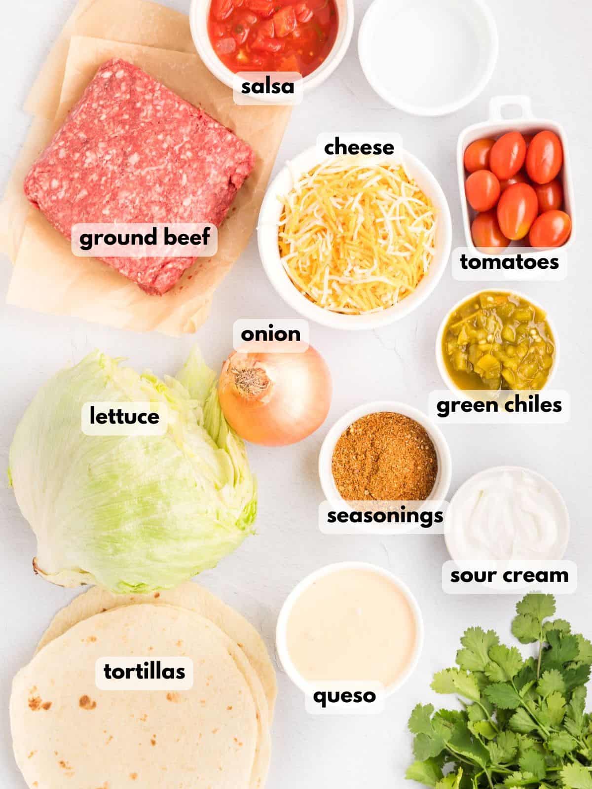Ingredients needed to make this taco lasagna recipe.