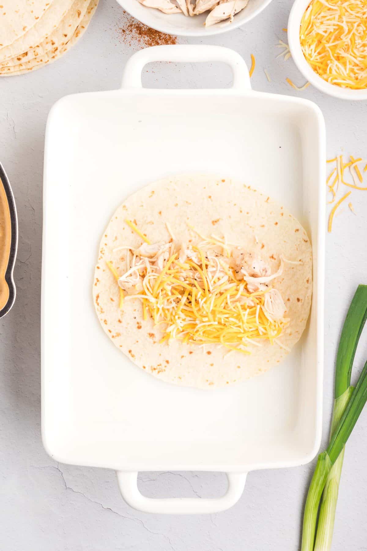 A flour tortilla filled with chicken and cheese.