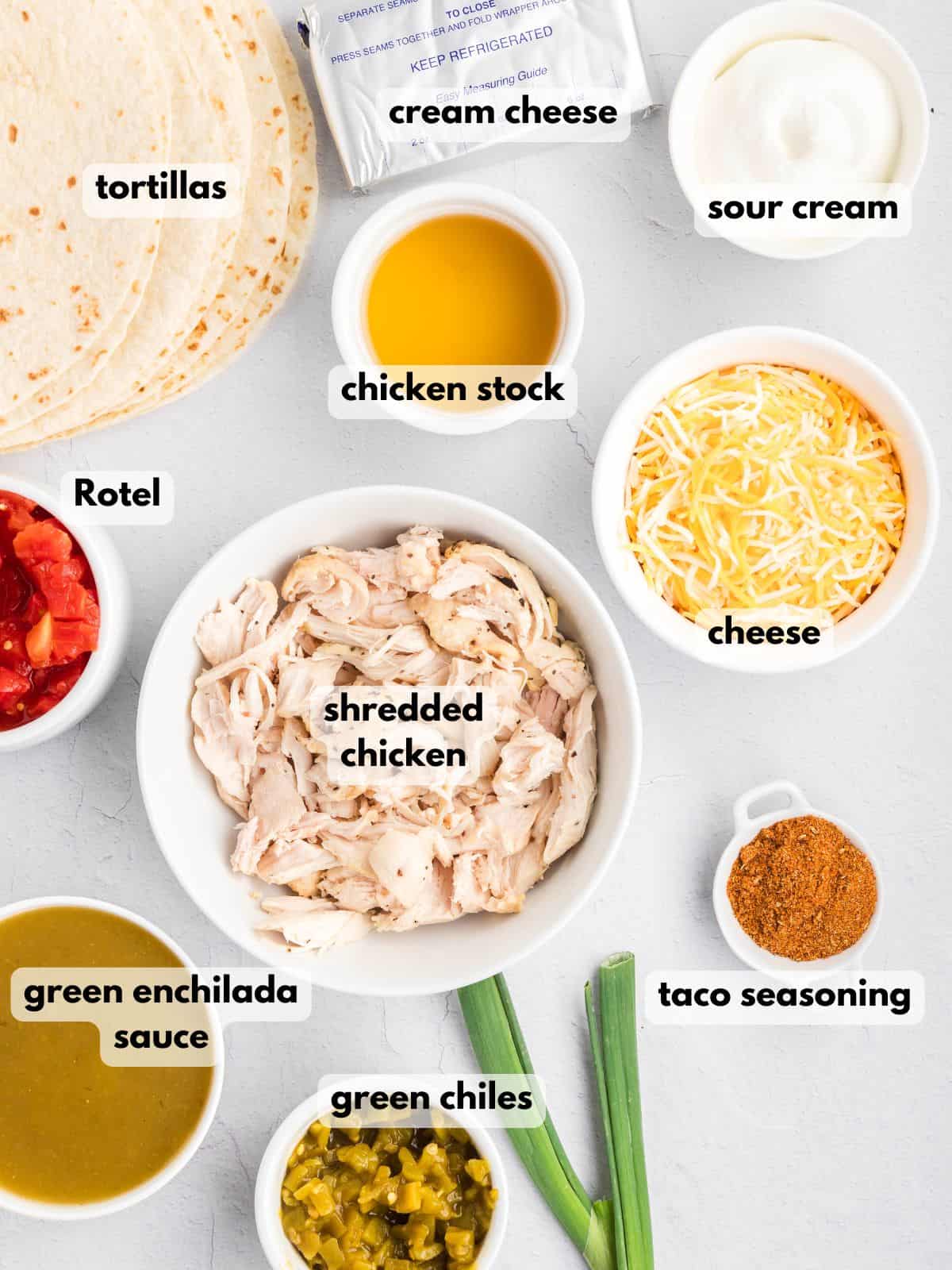 Ingredients needed to make this cream cheese chicken enchiladas recipe.