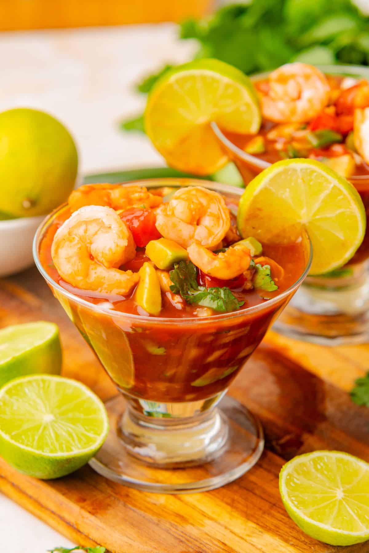 Mexican shrimp cocktail in clear glasses.