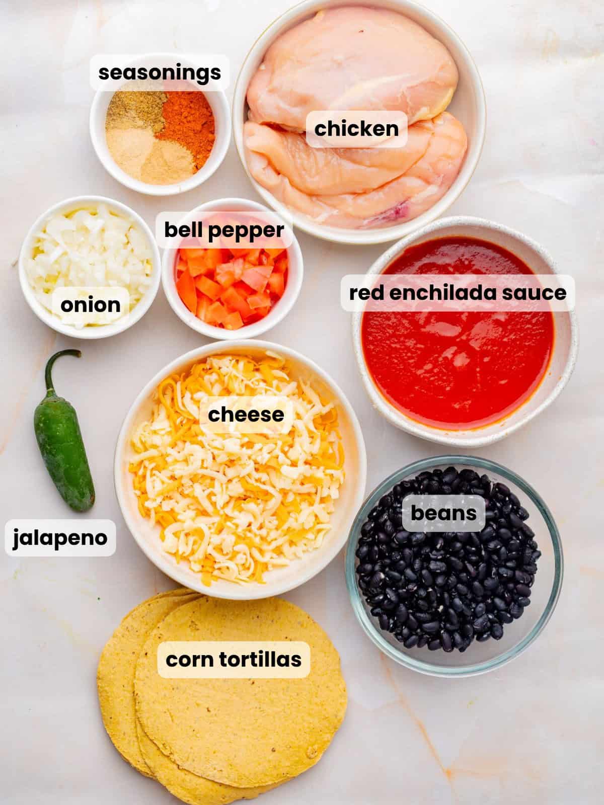 Ingredients needed to make chicken enchiladas in the slow cooker.