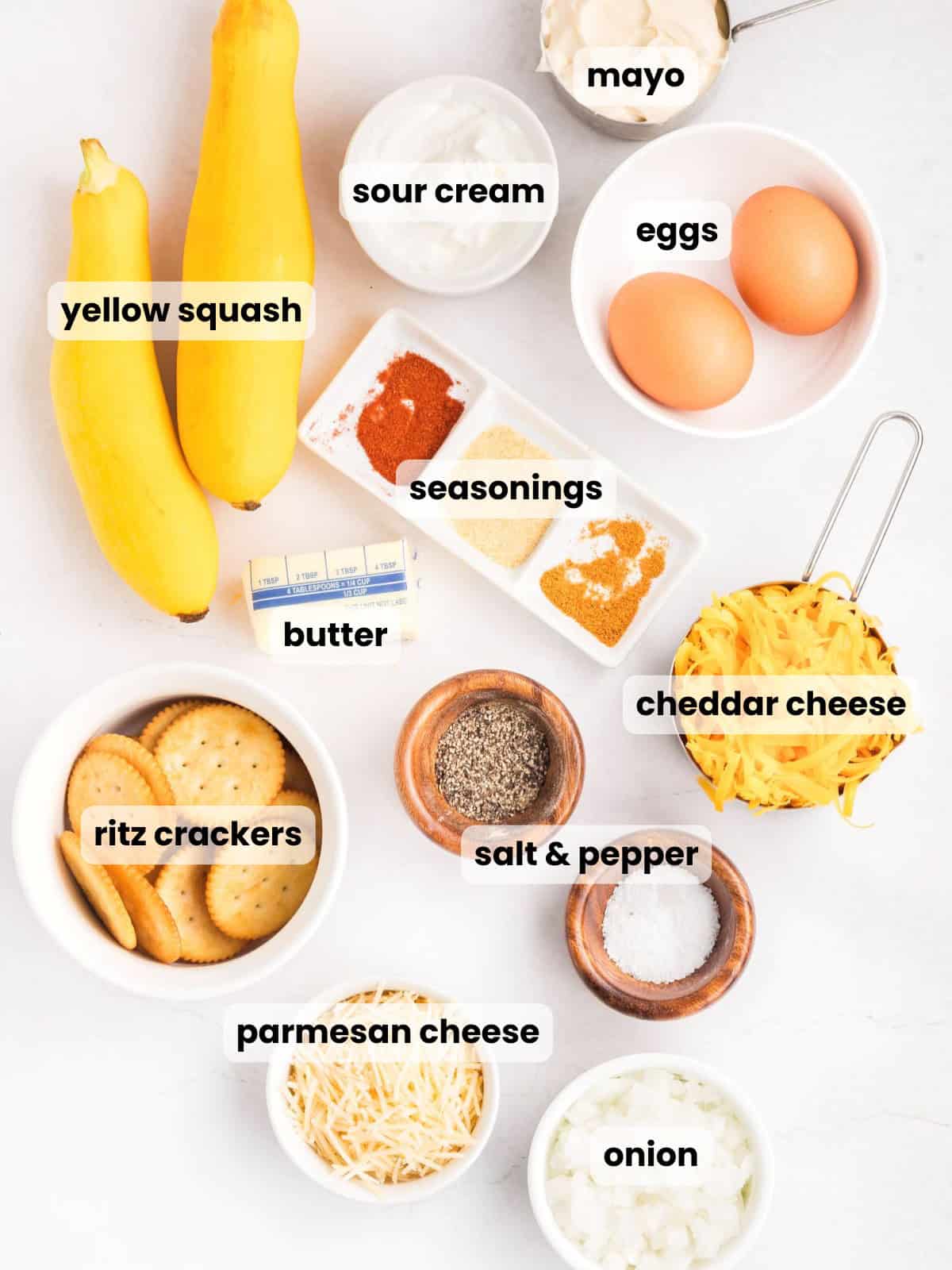 Ingredients needed to make this squash casserole with Ritz crackers.
